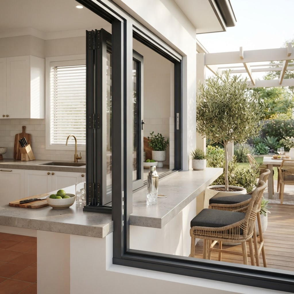 Rigor Fold Window — A bifold servery that opens the kitchen to the terrace.